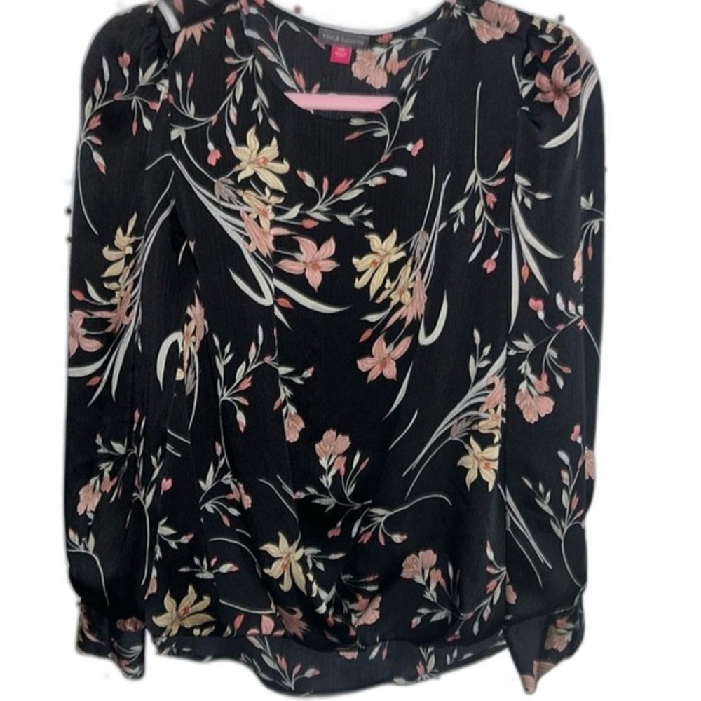 Vince‎ Camuto Blk & Pink Floral, Crewneck, Silky, Bishop Slv w/buttons XXS